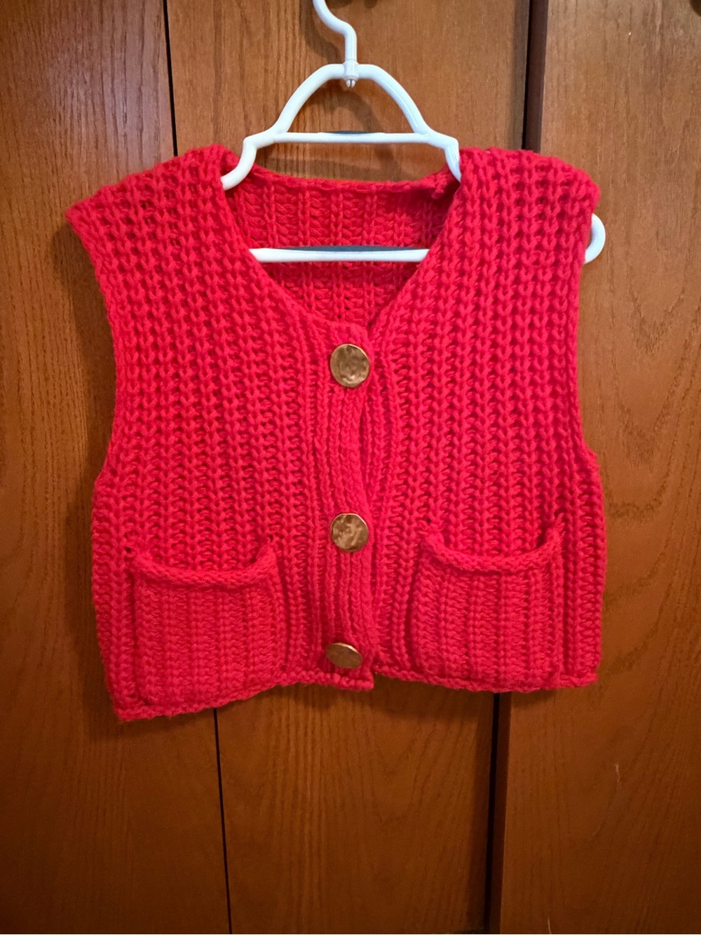 Hand-Knit Red Chunky Button Vest Sweater - Women